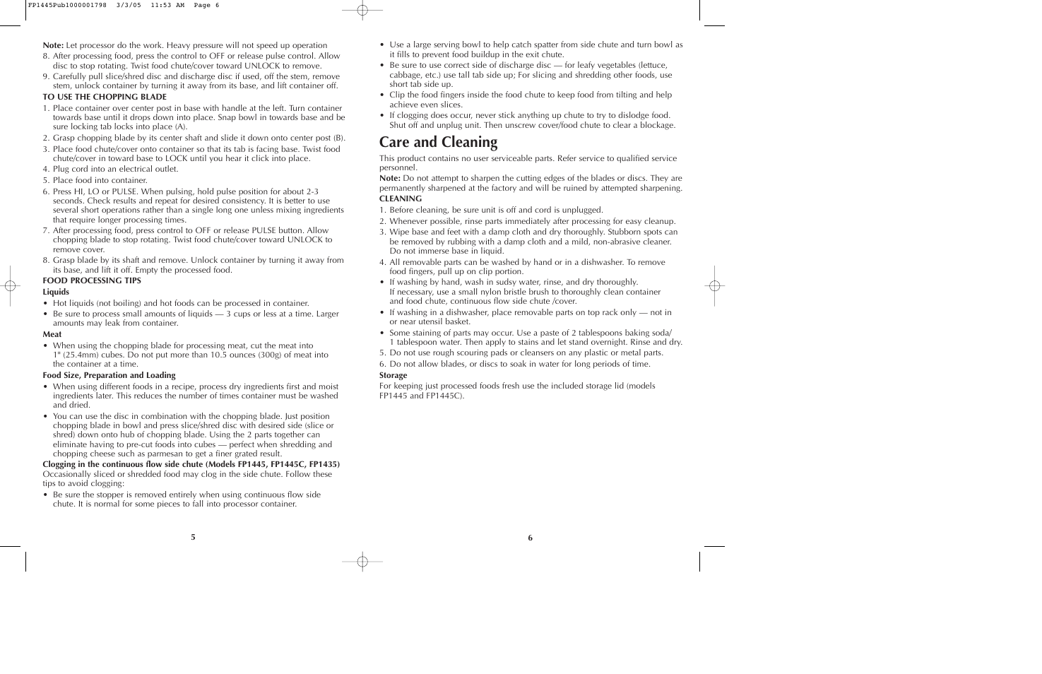 Care and cleaning | Black & Decker FP1445 User Manual | Page 4 / 15