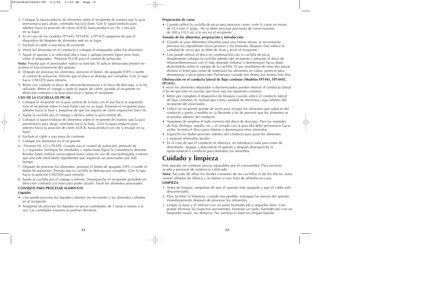 Cuidado y limpieza | Black & Decker FP1445 User Manual | Page 7 / 15