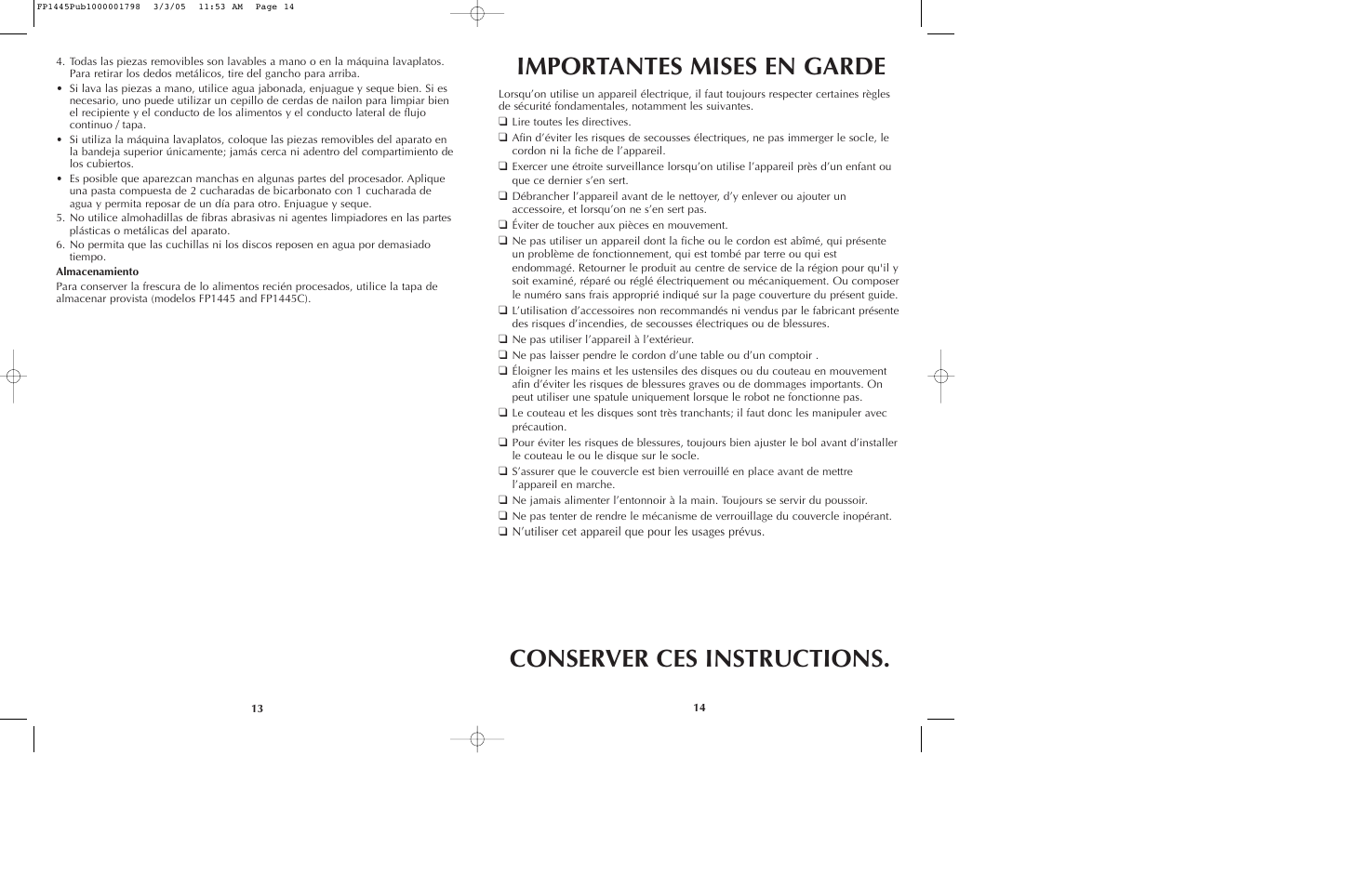 Importantes mises en garde, Conserver ces instructions | Black & Decker FP1445 User Manual | Page 8 / 15