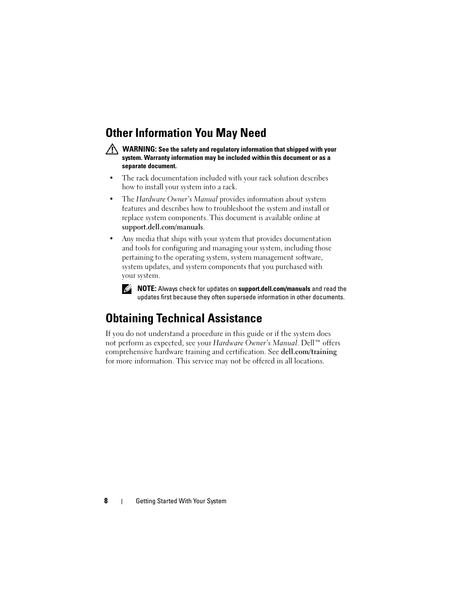 Other information you may need, Obtaining technical assistance | Dell PowerEdge R810 User Manual | Page 10 / 60