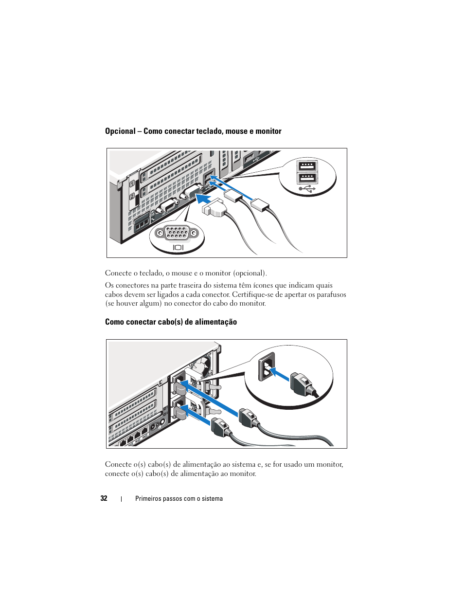 Opcional - como conectar teclado, mouse e monitor, Como conectar cabo(s) de alimentação | Dell PowerEdge R810 User Manual | Page 34 / 60