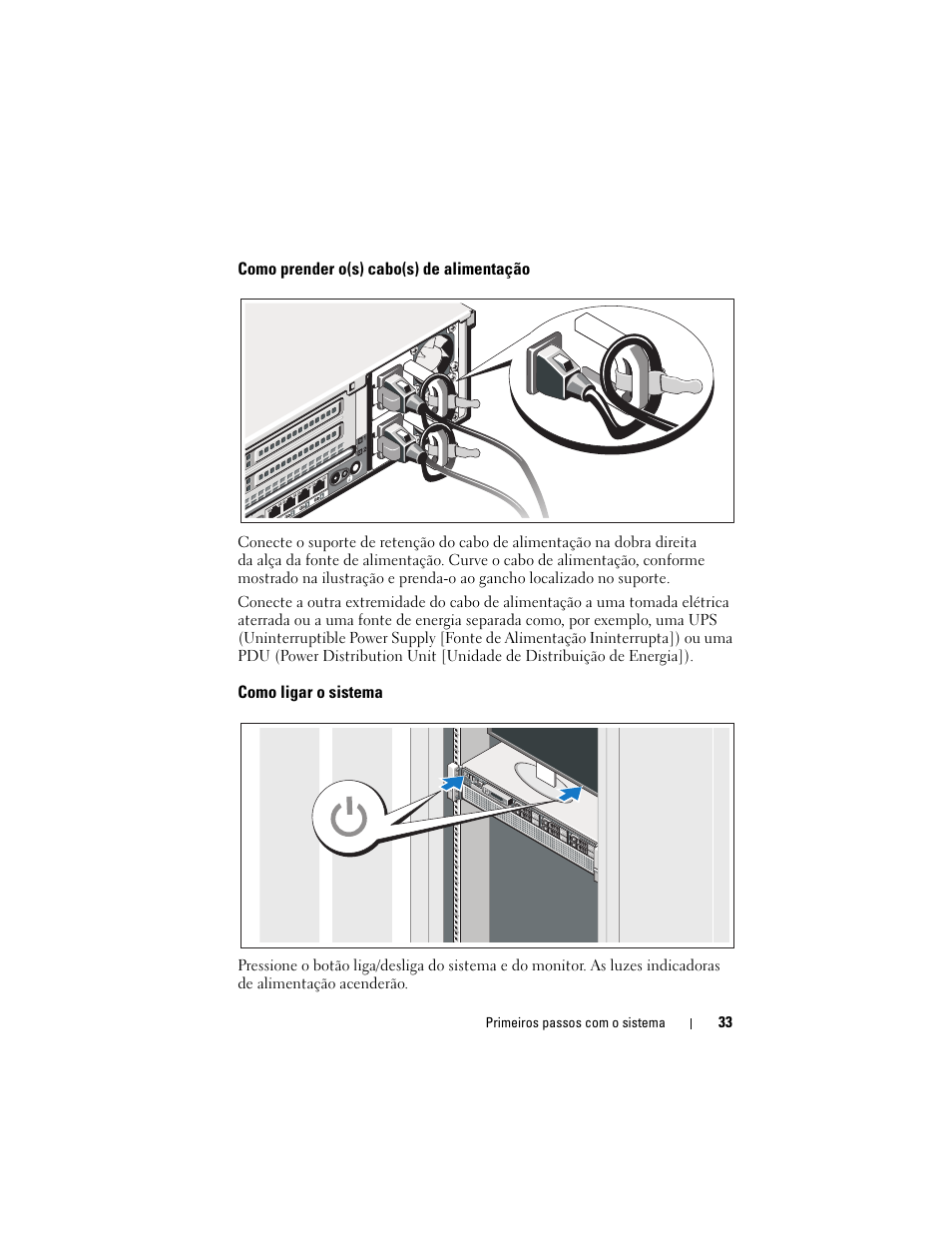 Como prender o(s) cabo(s) de alimentação, Como ligar o sistema | Dell PowerEdge R810 User Manual | Page 35 / 60