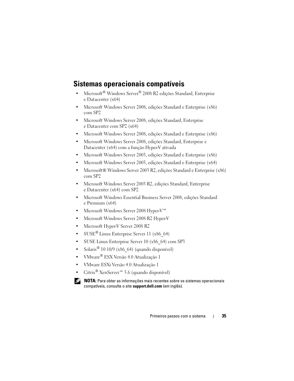 Sistemas operacionais compatíveis | Dell PowerEdge R810 User Manual | Page 37 / 60