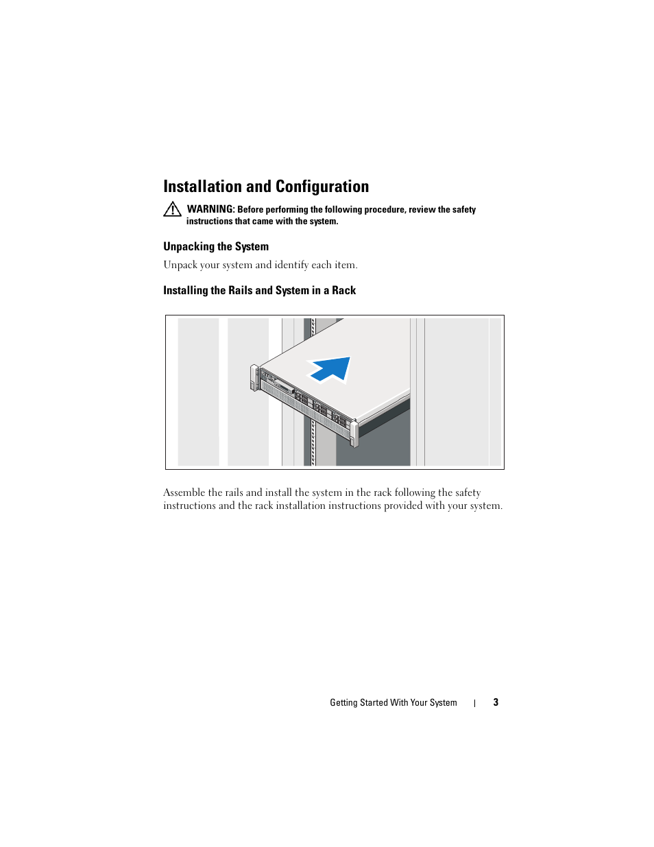 Installation and configuration, Unpacking the system, Installing the rails and system in a rack | Dell PowerEdge R810 User Manual | Page 5 / 60