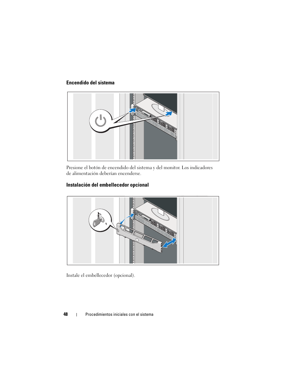 Encendido del sistema, Instalación del embellecedor opcional | Dell PowerEdge R810 User Manual | Page 50 / 60