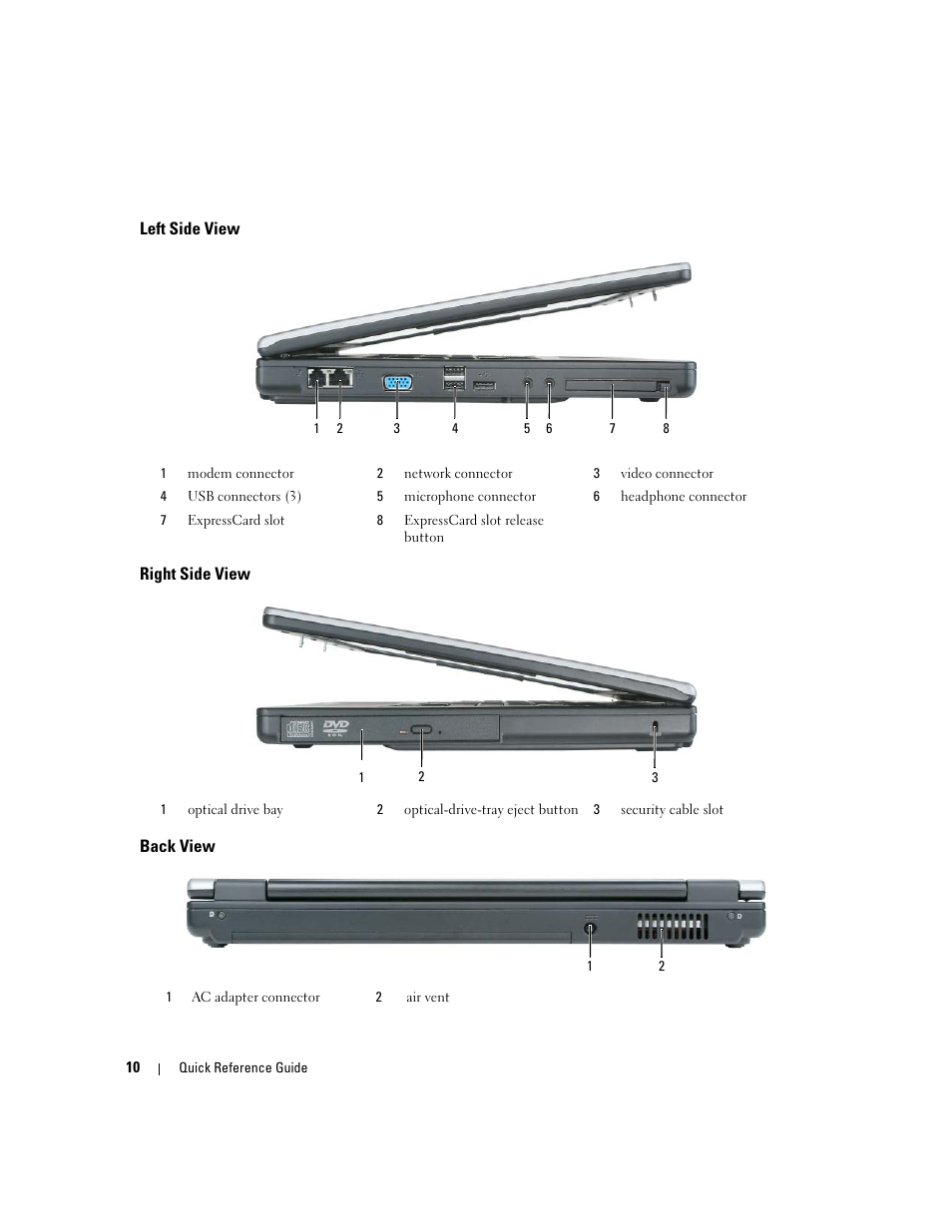 Left side view, Right side view, Back view | Dell Latitude 120L User Manual | Page 10 / 96