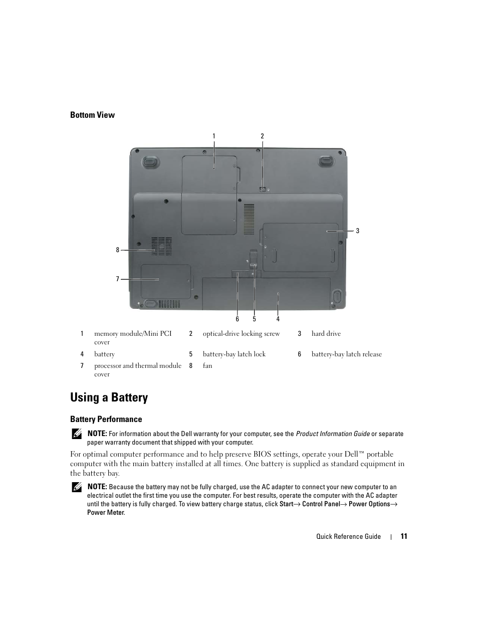 Bottom view, Using a battery, Battery performance | Dell Latitude 120L User Manual | Page 11 / 96