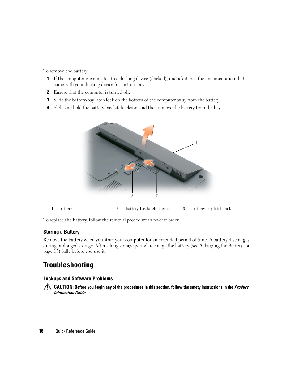 Storing a battery, Troubleshooting, Lockups and software problems | Dell Latitude 120L User Manual | Page 16 / 96