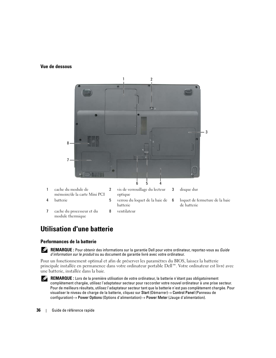 Vue de dessous, Utilisation d'une batterie, Performances de la batterie | Dell Latitude 120L User Manual | Page 36 / 96