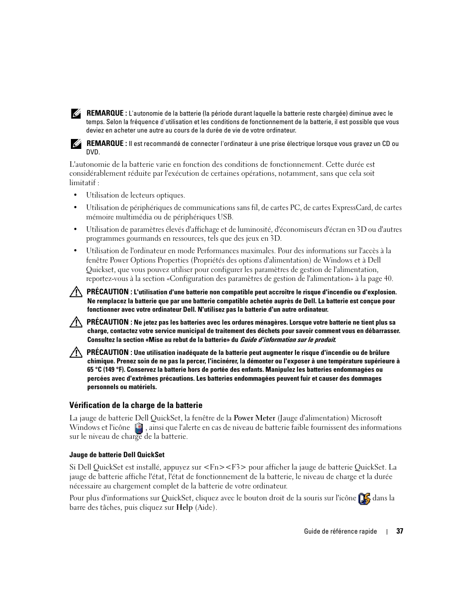 Vérification de la charge de la batterie | Dell Latitude 120L User Manual | Page 37 / 96