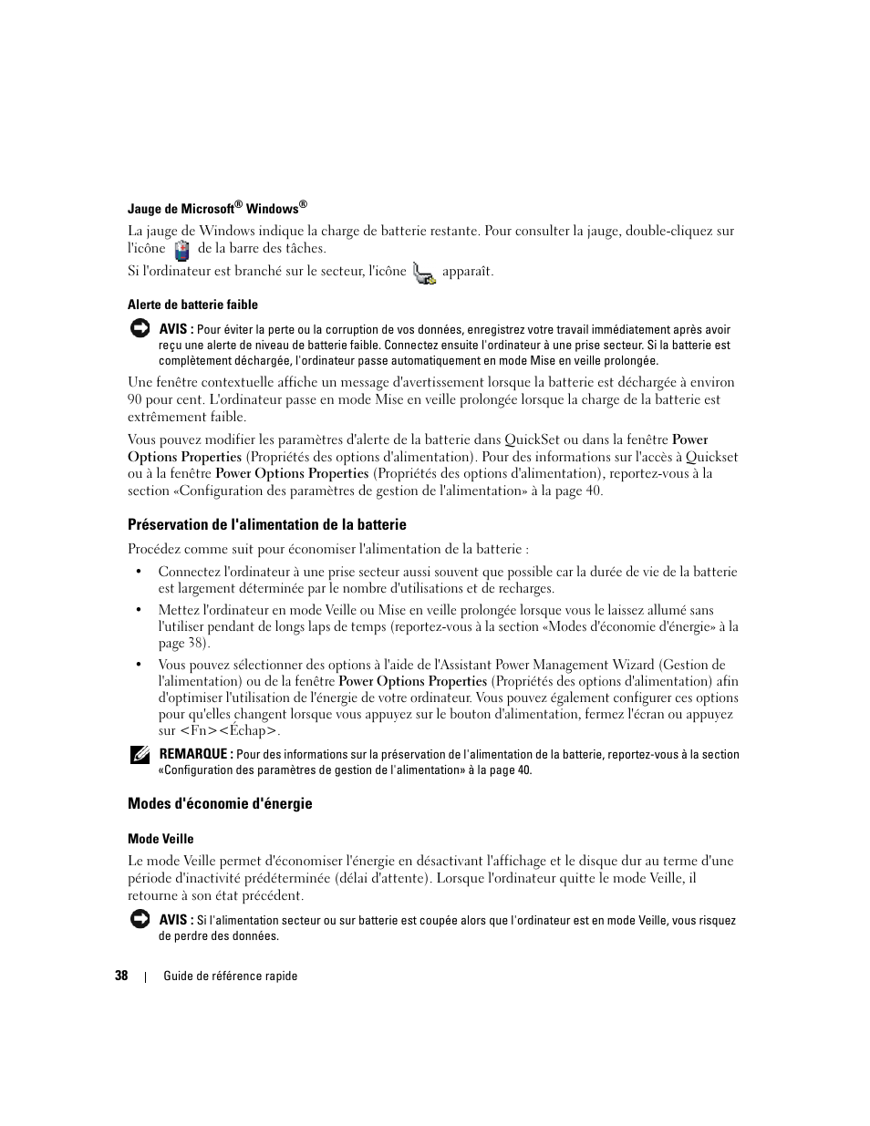 Préservation de l'alimentation de la batterie, Modes d'économie d'énergie | Dell Latitude 120L User Manual | Page 38 / 96