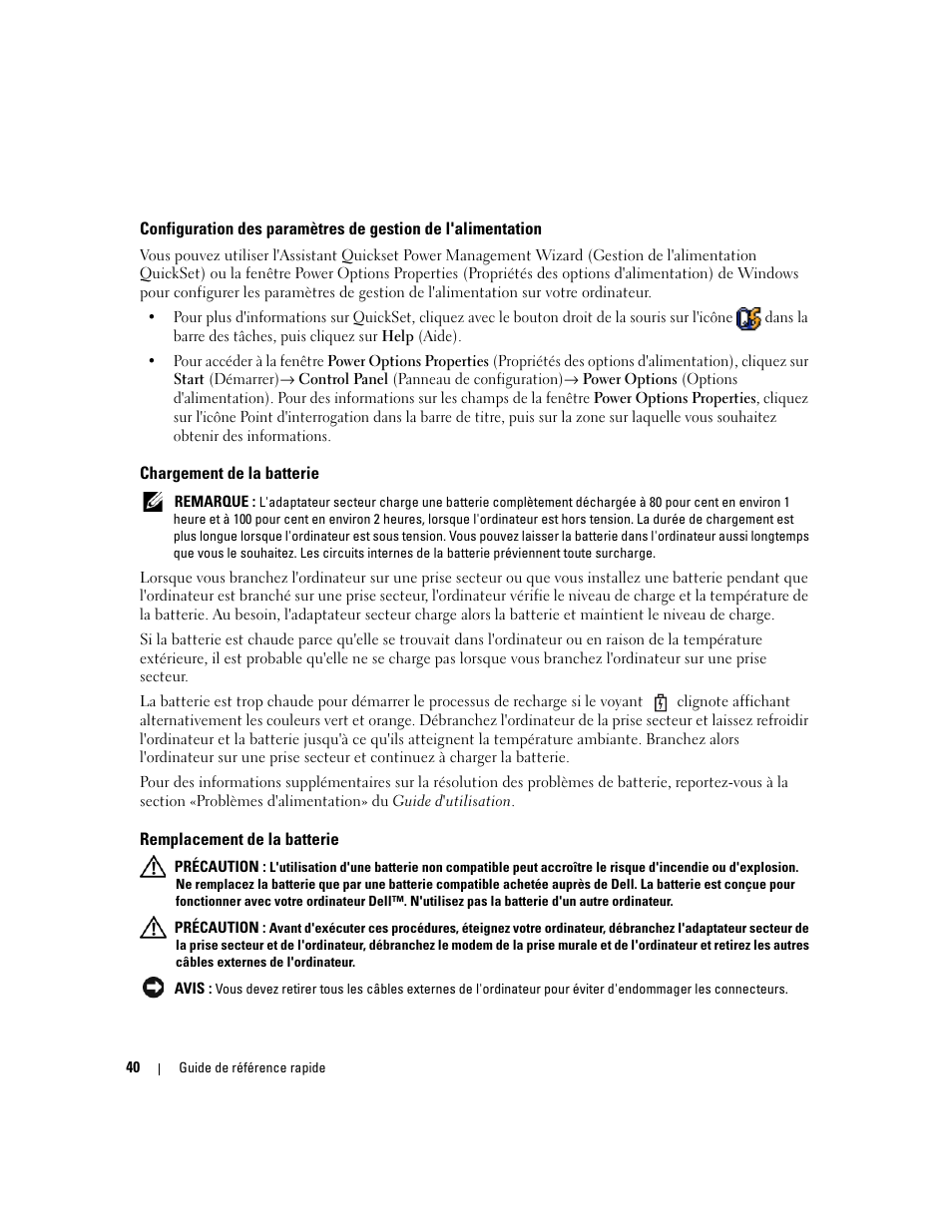 Chargement de la batterie, Remplacement de la batterie | Dell Latitude 120L User Manual | Page 40 / 96