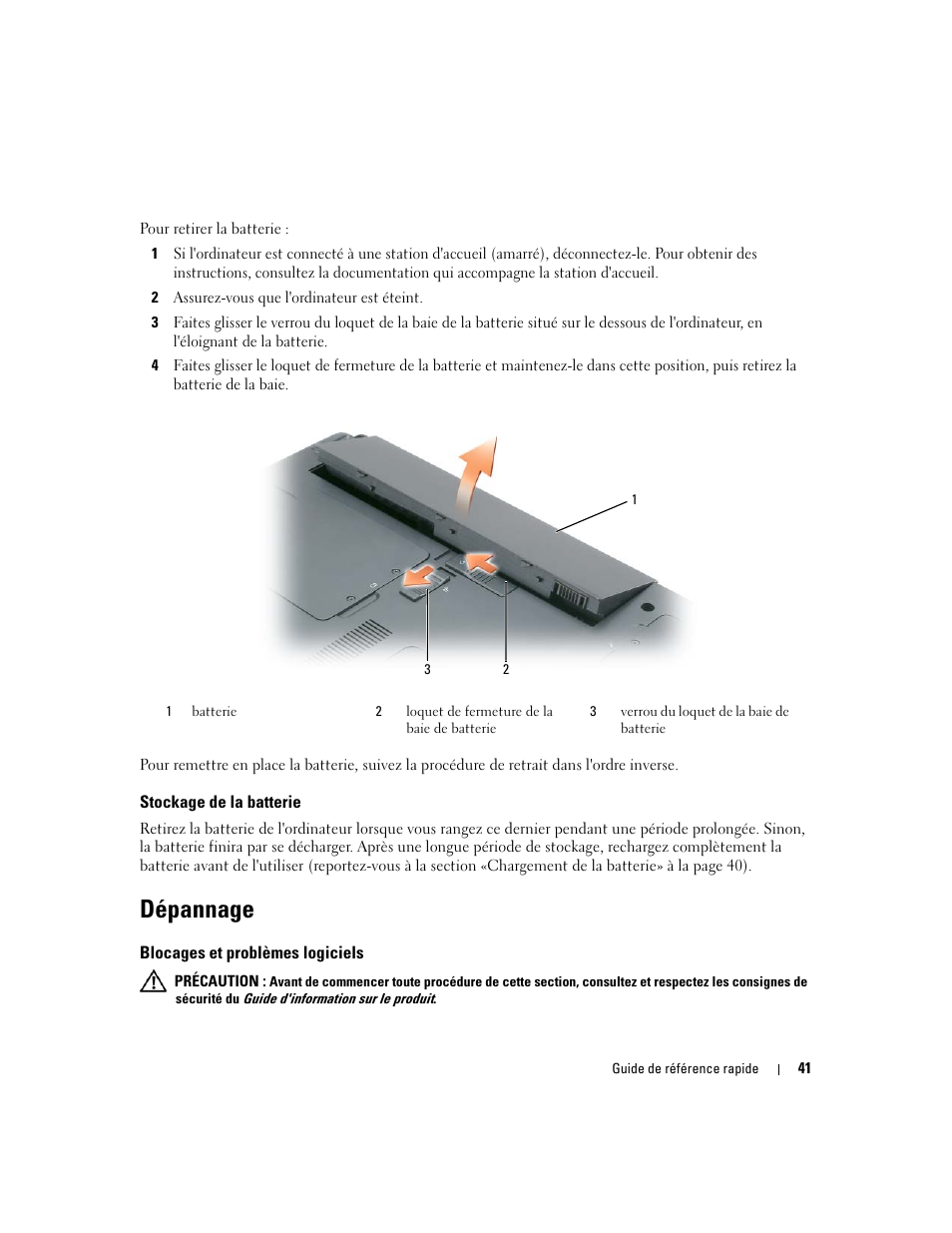 Stockage de la batterie, Dépannage, Blocages et problèmes logiciels | Dell Latitude 120L User Manual | Page 41 / 96