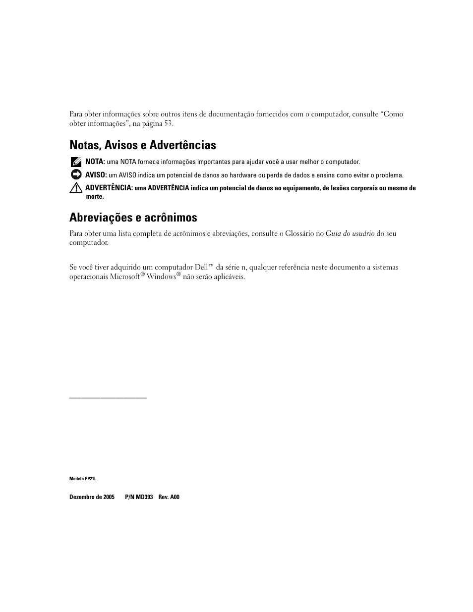 Notas, avisos e advertências, Abreviações e acrônimos | Dell Latitude 120L User Manual | Page 50 / 96