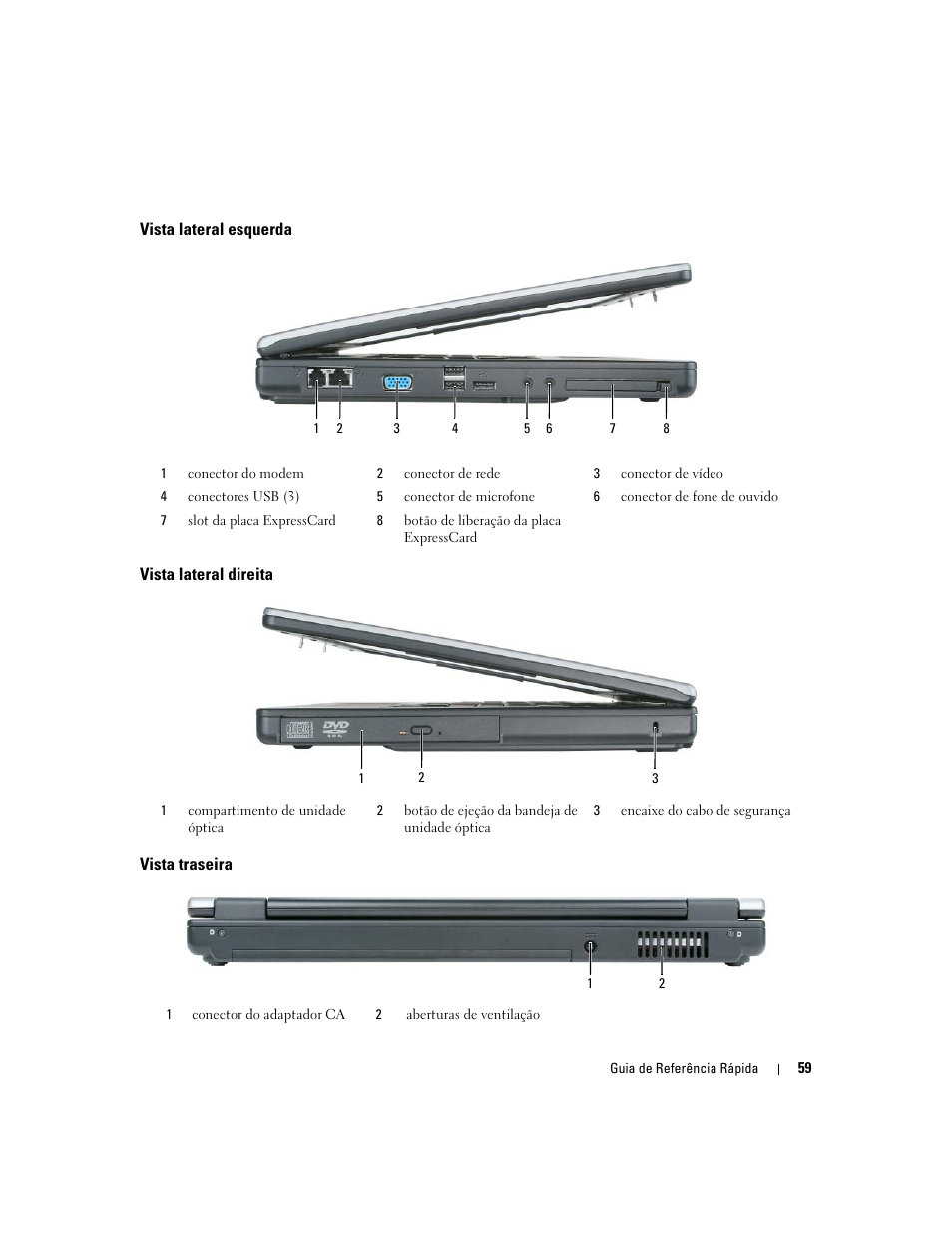 Vista lateral esquerda, Vista lateral direita, Vista traseira | Dell Latitude 120L User Manual | Page 59 / 96