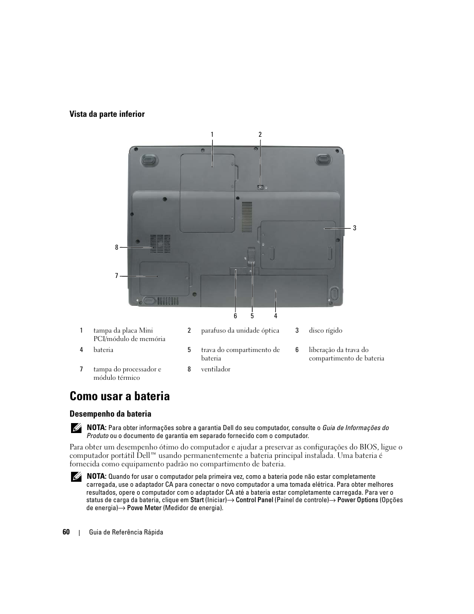 Vista da parte inferior, Como usar a bateria, Desempenho da bateria | Dell Latitude 120L User Manual | Page 60 / 96