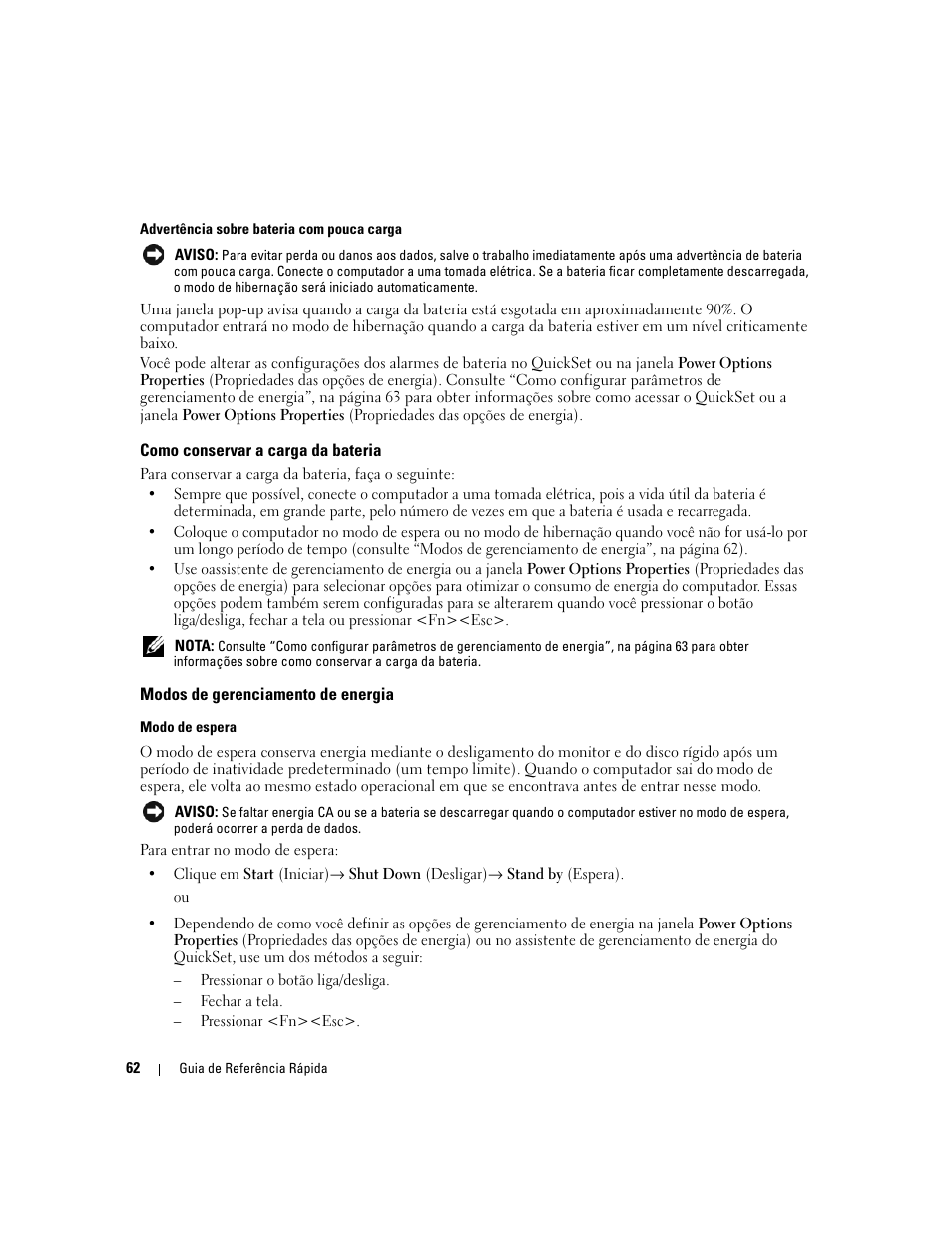 Como conservar a carga da bateria, Modos de gerenciamento de energia | Dell Latitude 120L User Manual | Page 62 / 96