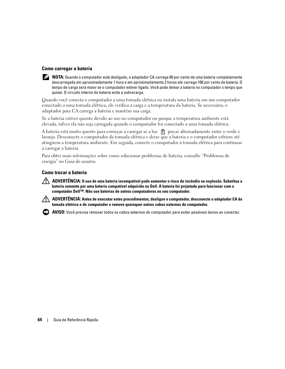 Como carregar a bateria, Como trocar a bateria | Dell Latitude 120L User Manual | Page 64 / 96