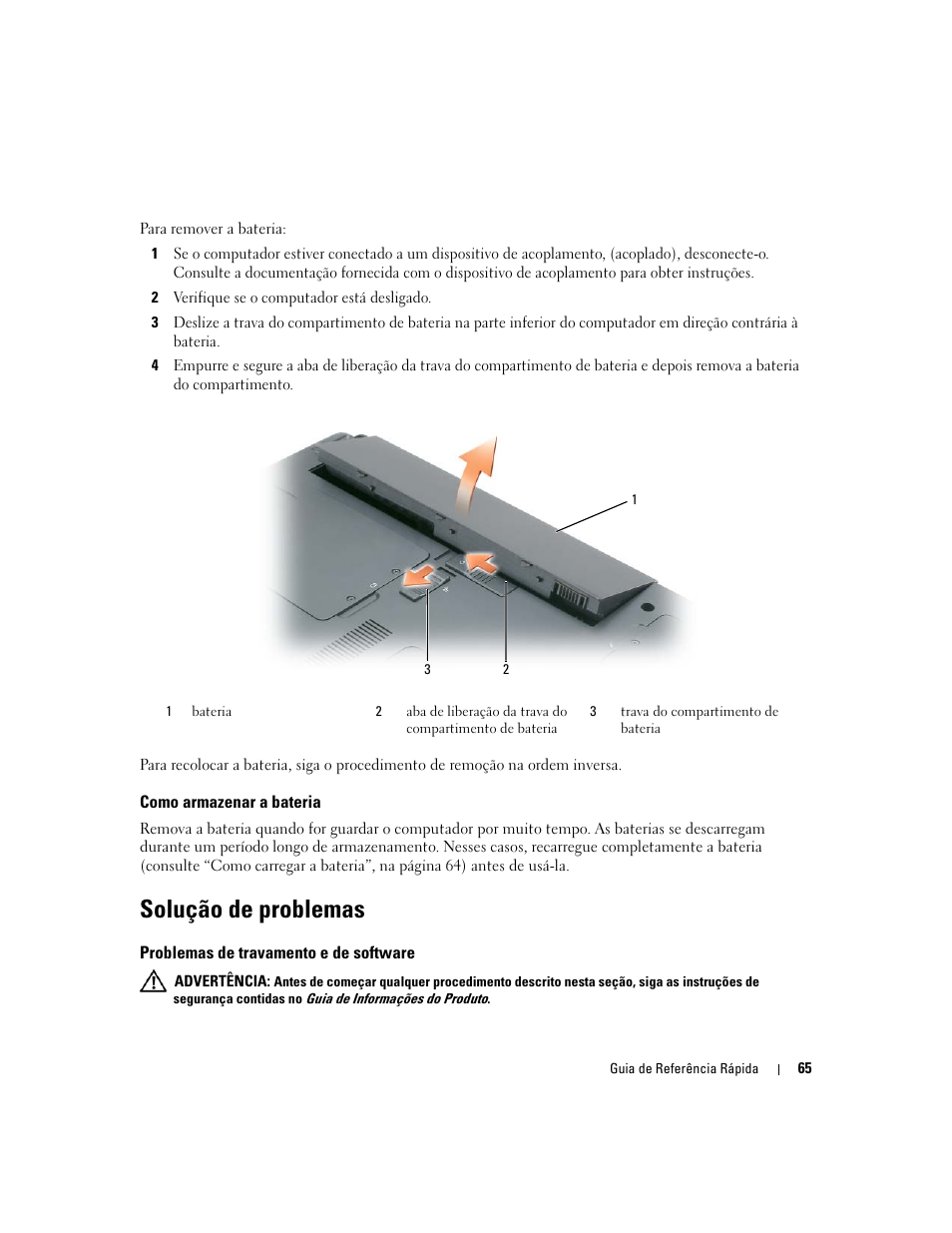 Como armazenar a bateria, Solução de problemas, Problemas de travamento e de software | Dell Latitude 120L User Manual | Page 65 / 96