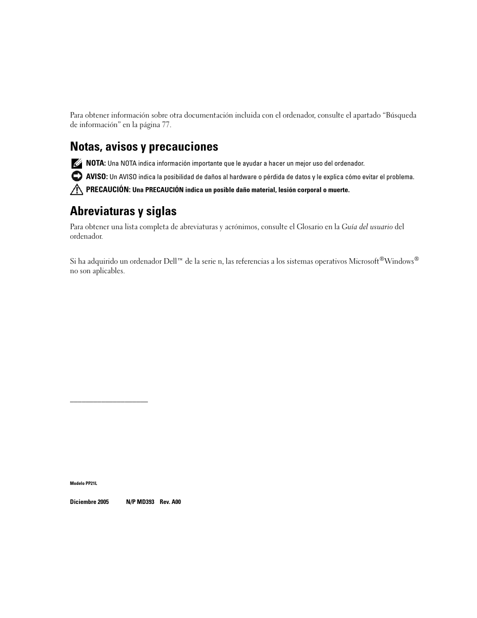 Notas, avisos y precauciones, Abreviaturas y siglas | Dell Latitude 120L User Manual | Page 74 / 96