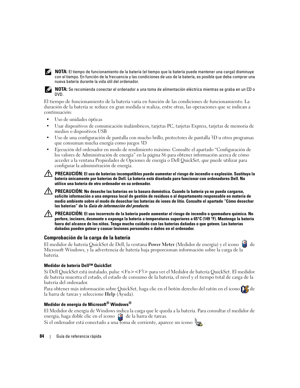 Comprobación de la carga de la batería | Dell Latitude 120L User Manual | Page 84 / 96