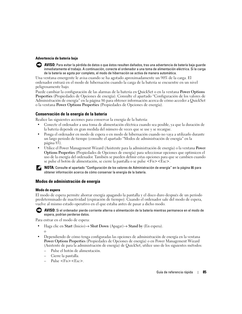 Conservación de la energía de la batería, Modos de administración de energía | Dell Latitude 120L User Manual | Page 85 / 96