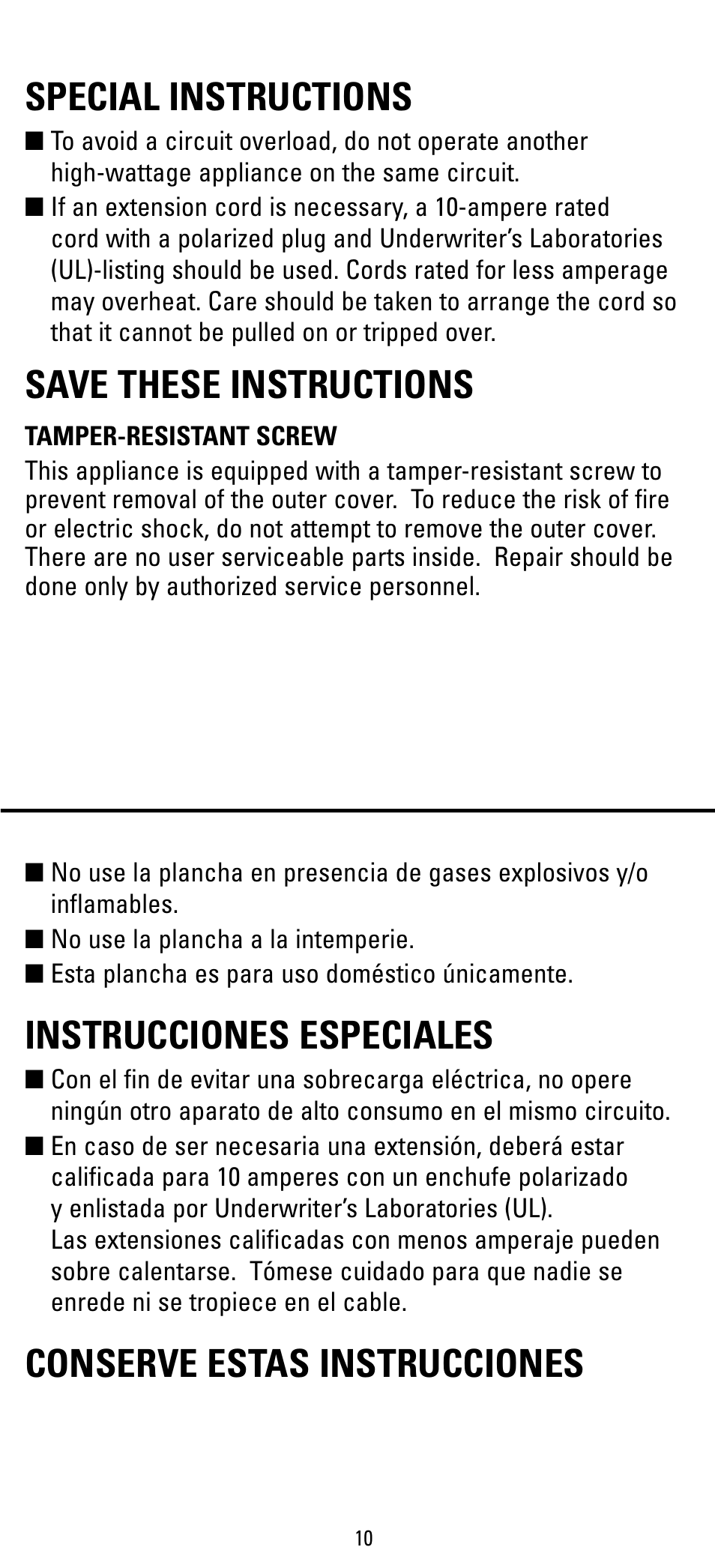 Special instructions, Instrucciones especiales, Save these instructions | Conserve estas instrucciones | Black & Decker F550S User Manual | Page 10 / 12