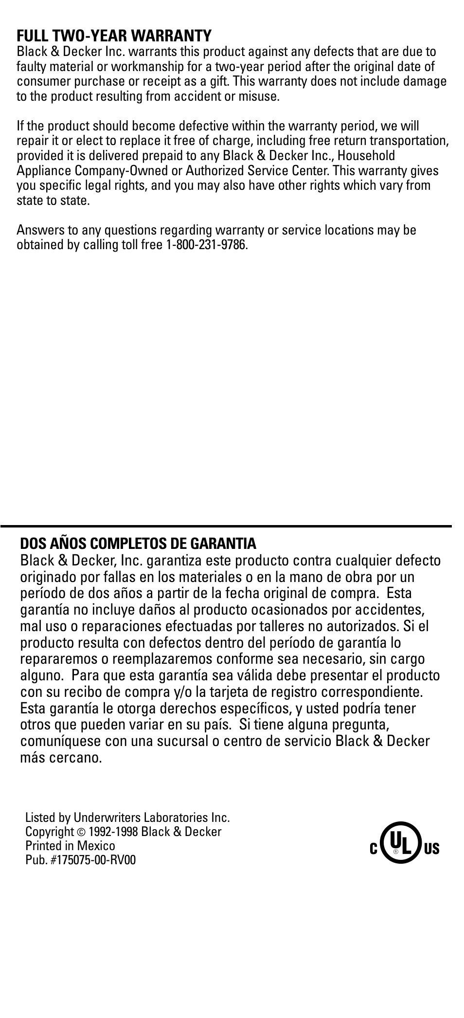 Warranty, Garantia, Full two-year warranty | Black & Decker F550S User Manual | Page 12 / 12