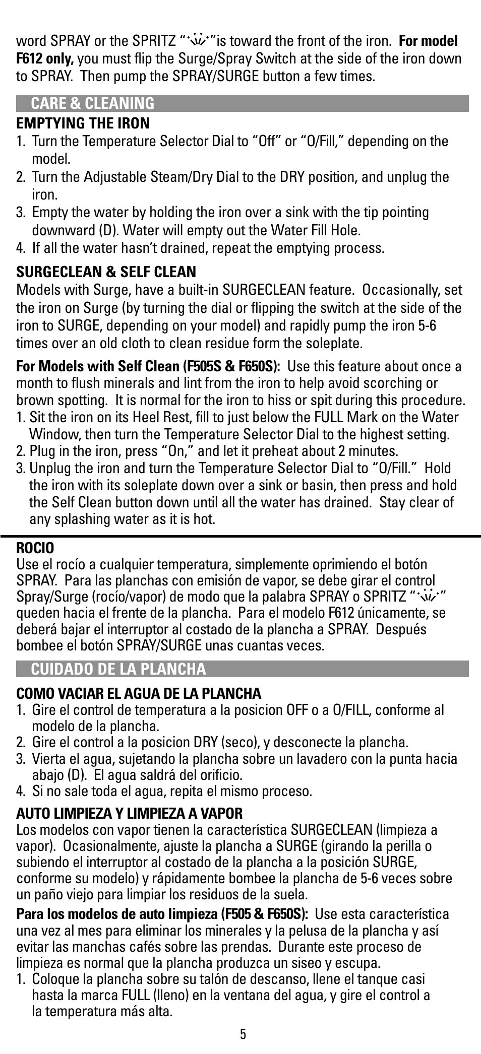 Care & cleaning, Cuidado | Black & Decker F550S User Manual | Page 5 / 12