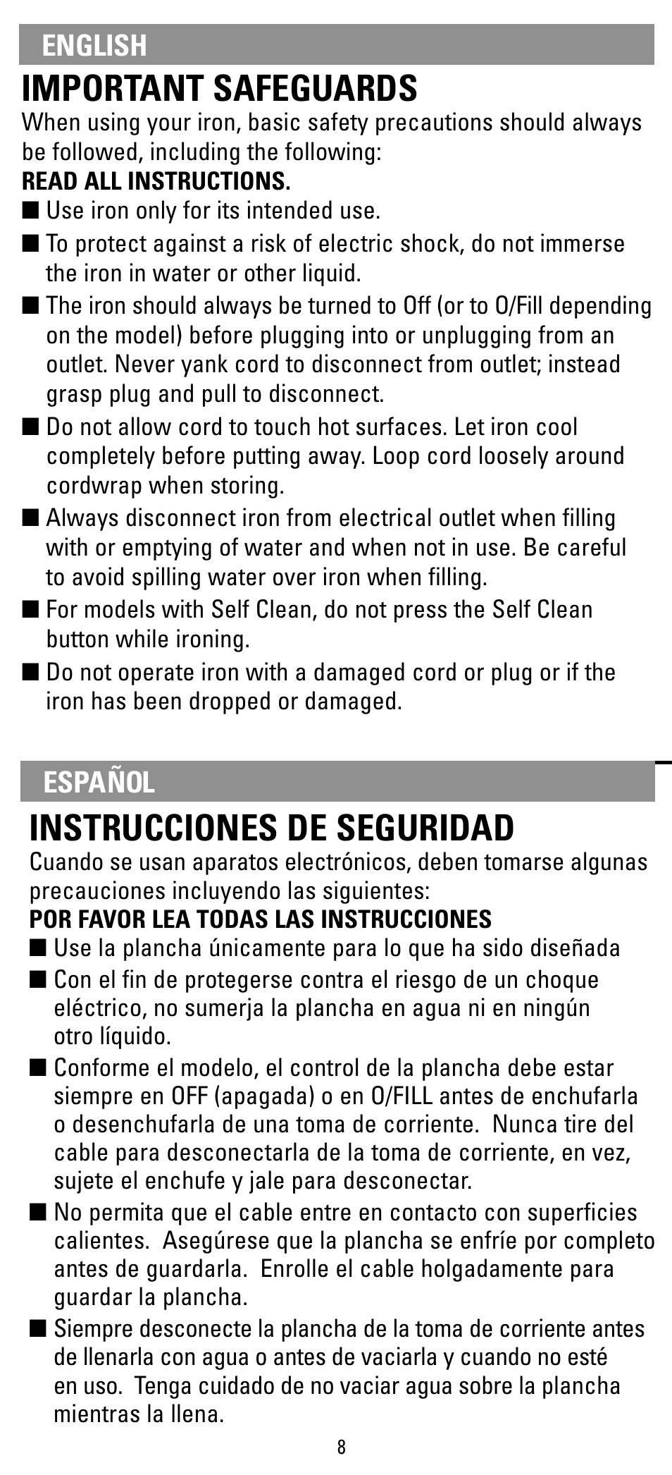 Safegaurds, Instrucciones, Important safeguards | Instrucciones de seguridad, Español english | Black & Decker F550S User Manual | Page 8 / 12