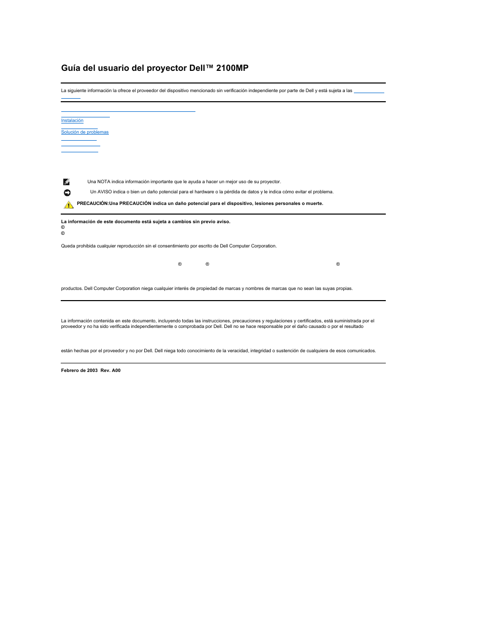 Dell Projector 2100MP User Manual | 39 pages