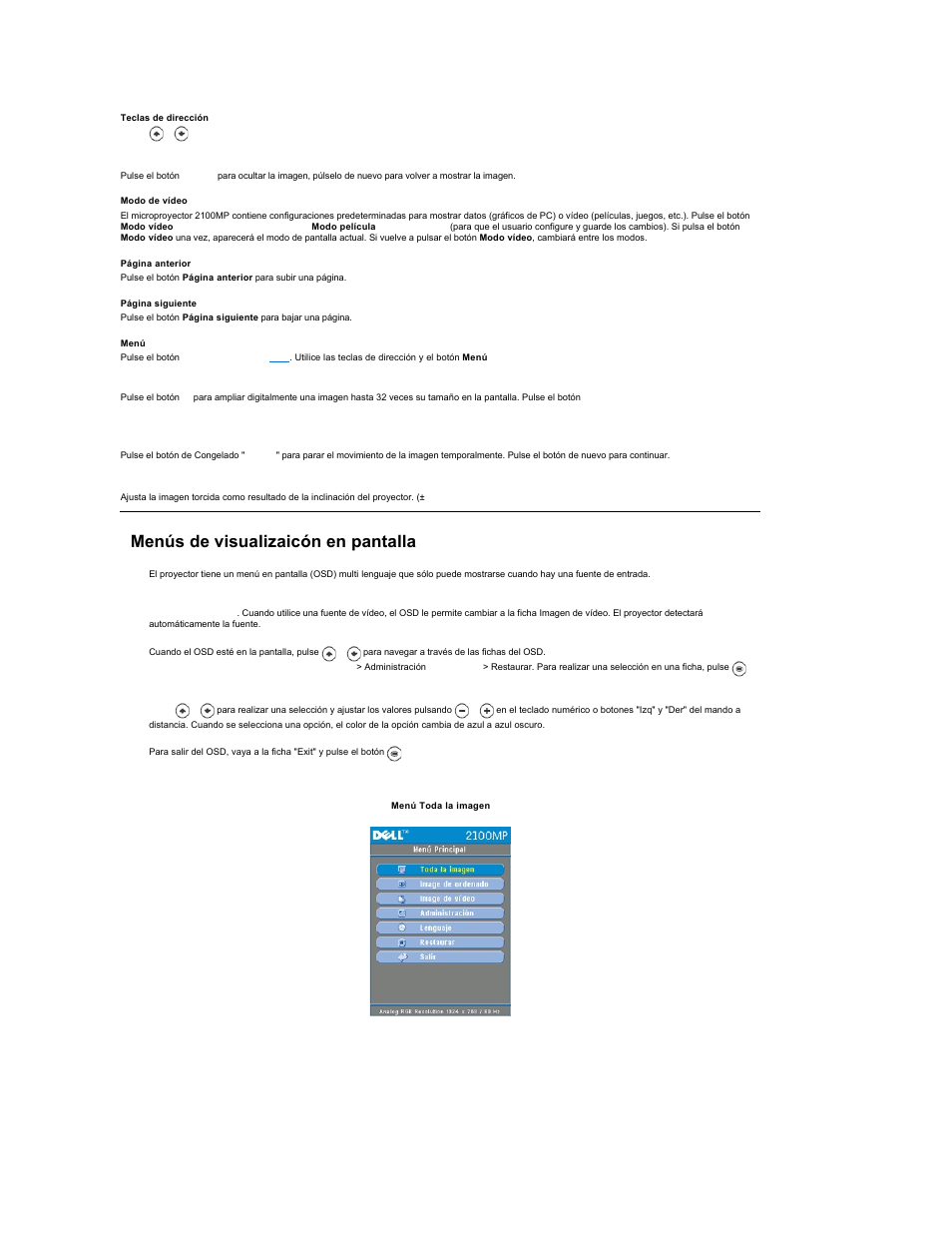 Menús de visualizaicón en pantalla, Menú en pantalla), Para activar el | Dell Projector 2100MP User Manual | Page 33 / 39