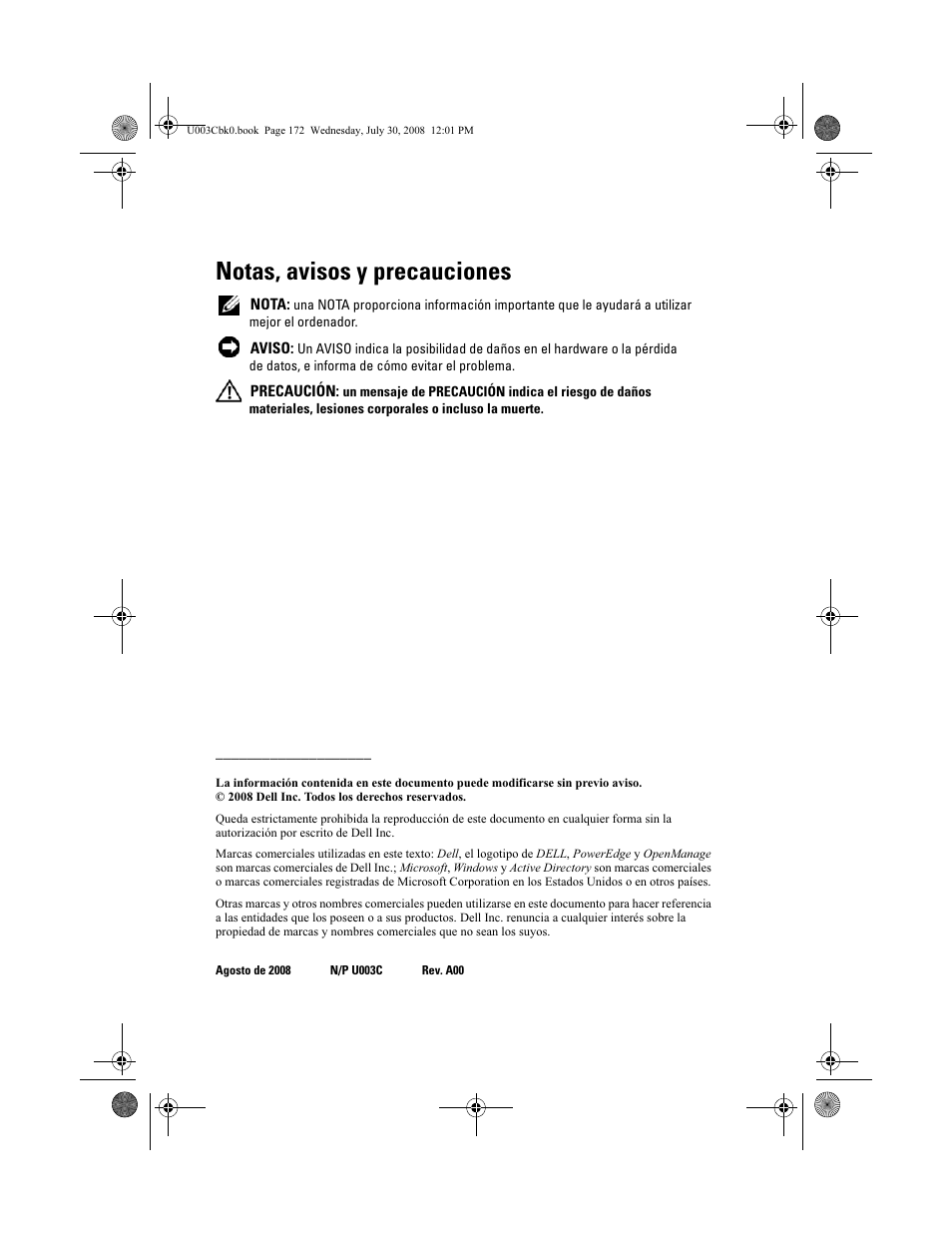 Notas, avisos y precauciones | Dell PowerEdge M805 User Manual | Page 174 / 232