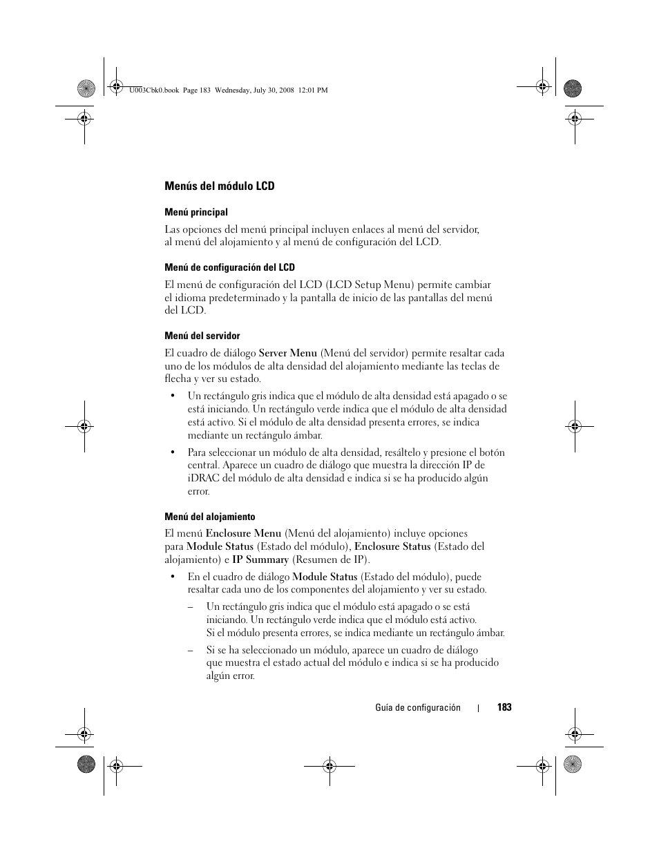 Menús del módulo lcd | Dell PowerEdge M805 User Manual | Page 185 / 232