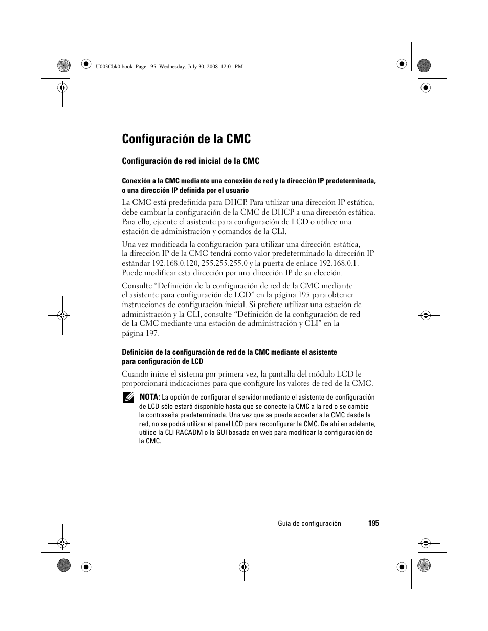 Configuración de la cmc, Configuración de red inicial de la cmc | Dell PowerEdge M805 User Manual | Page 197 / 232