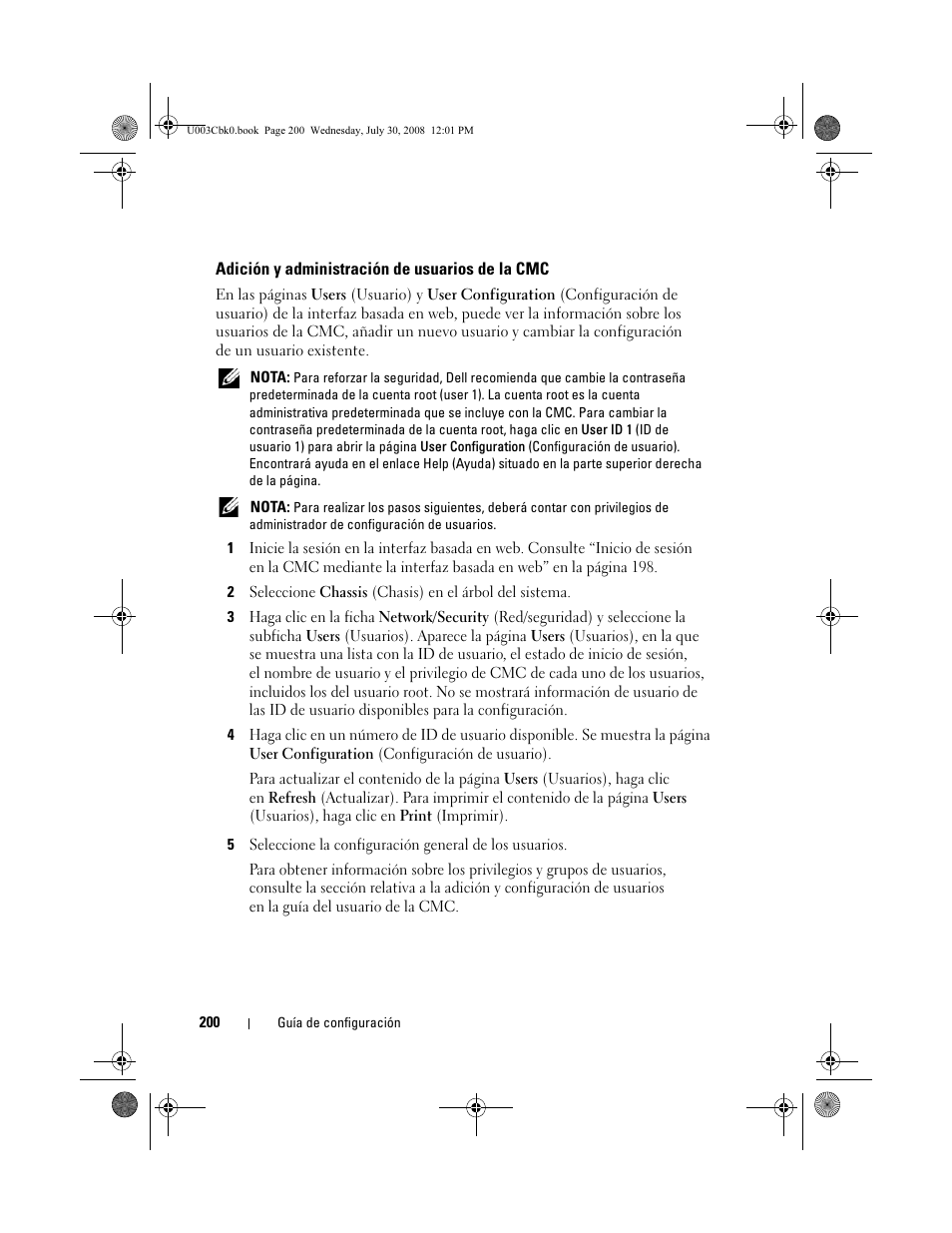 Adición y administración de usuarios de la cmc | Dell PowerEdge M805 User Manual | Page 202 / 232