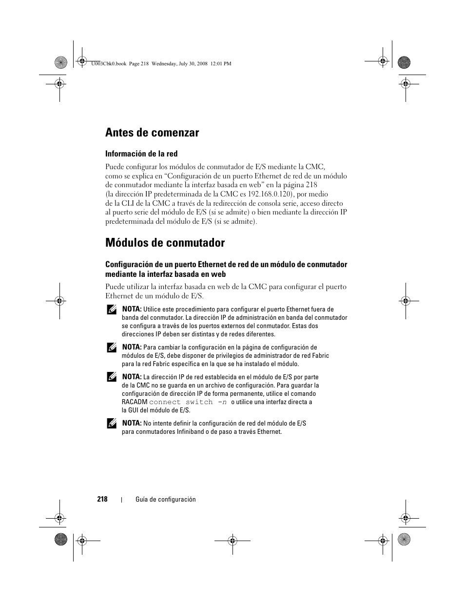 Antes de comenzar, Información de la red, Módulos de conmutador | Dell PowerEdge M805 User Manual | Page 220 / 232