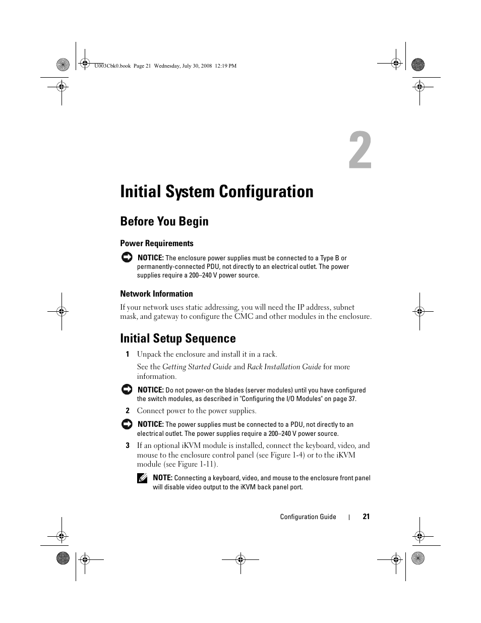 Initial system configuration, Before you begin, Power requirements | Network information, Initial setup sequence, 1 unpack the enclosure and install it in a rack, 2 connect power to the power supplies | Dell PowerEdge M805 User Manual | Page 23 / 232