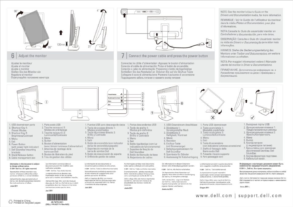 SS i adjust the monitor, Кнопка фиксатора подставки, Www.dell.com | support.dell.com | Adjust the monitor, Connect the power cable and press the power button | Dell U2312HM Monitor User Manual | Page 2 / 2