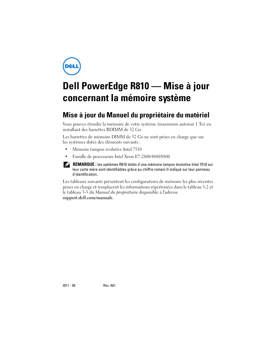 Mise à jour du manuel du propriétaire du matériel | Dell PowerEdge R810 User Manual | Page 13 / 48