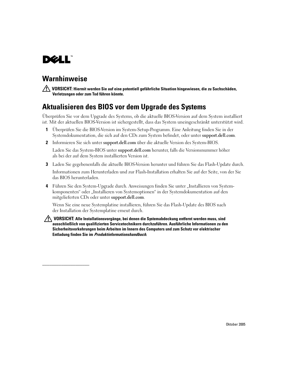 Aktualisieren des bios vor dem upgrade des systems, Warnhinweise | Dell PowerEdge 1850 User Manual | Page 4 / 7
