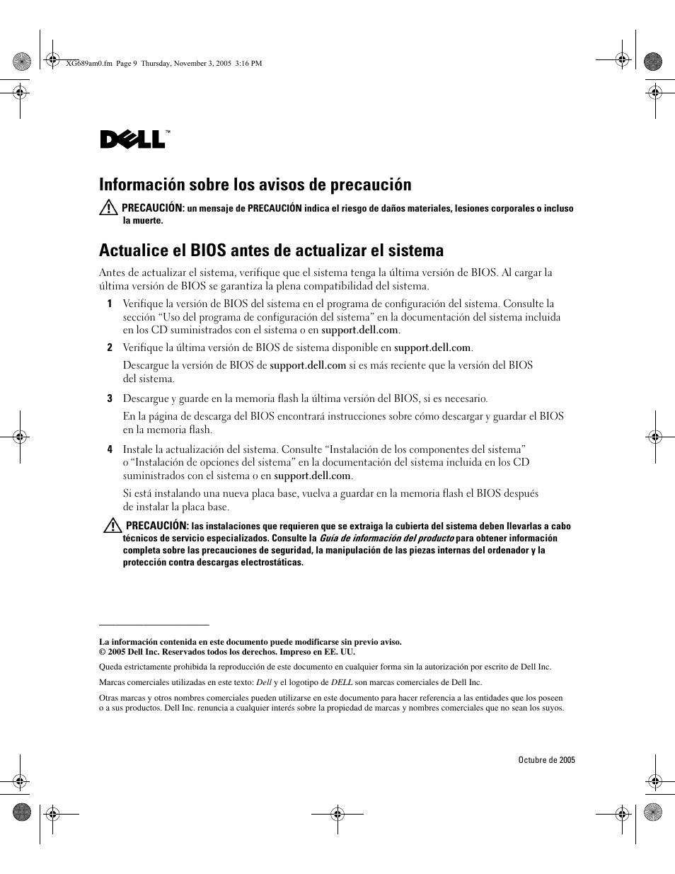 Actualice el bios antes de actualizar el sistema, Información sobre los avisos de precaución | Dell PowerEdge 1850 User Manual | Page 7 / 7