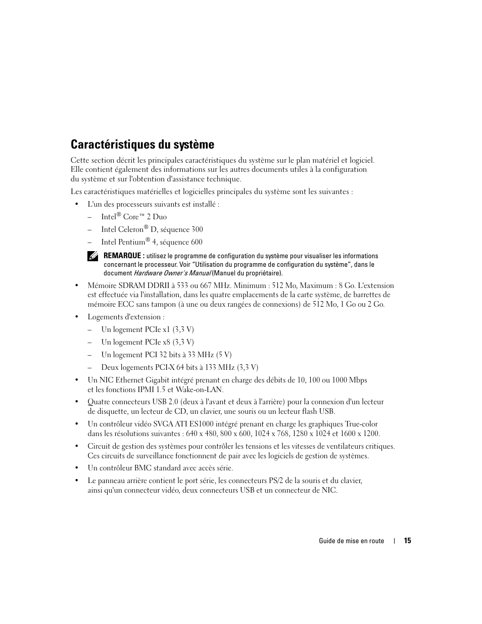 Caractéristiques du système | Dell POWEREDGE 840 User Manual | Page 17 / 50
