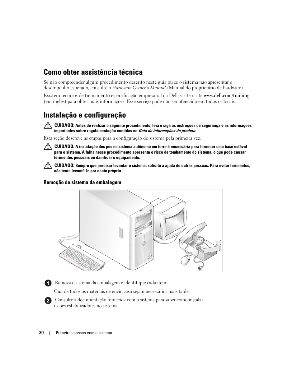 Como obter assistência técnica, Instalação e configuração, Remoção do sistema da embalagem | Dell POWEREDGE 840 User Manual | Page 32 / 50