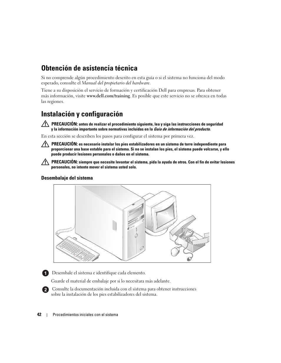 Obtención de asistencia técnica, Instalación y configuración, Desembalaje del sistema | Dell POWEREDGE 840 User Manual | Page 44 / 50