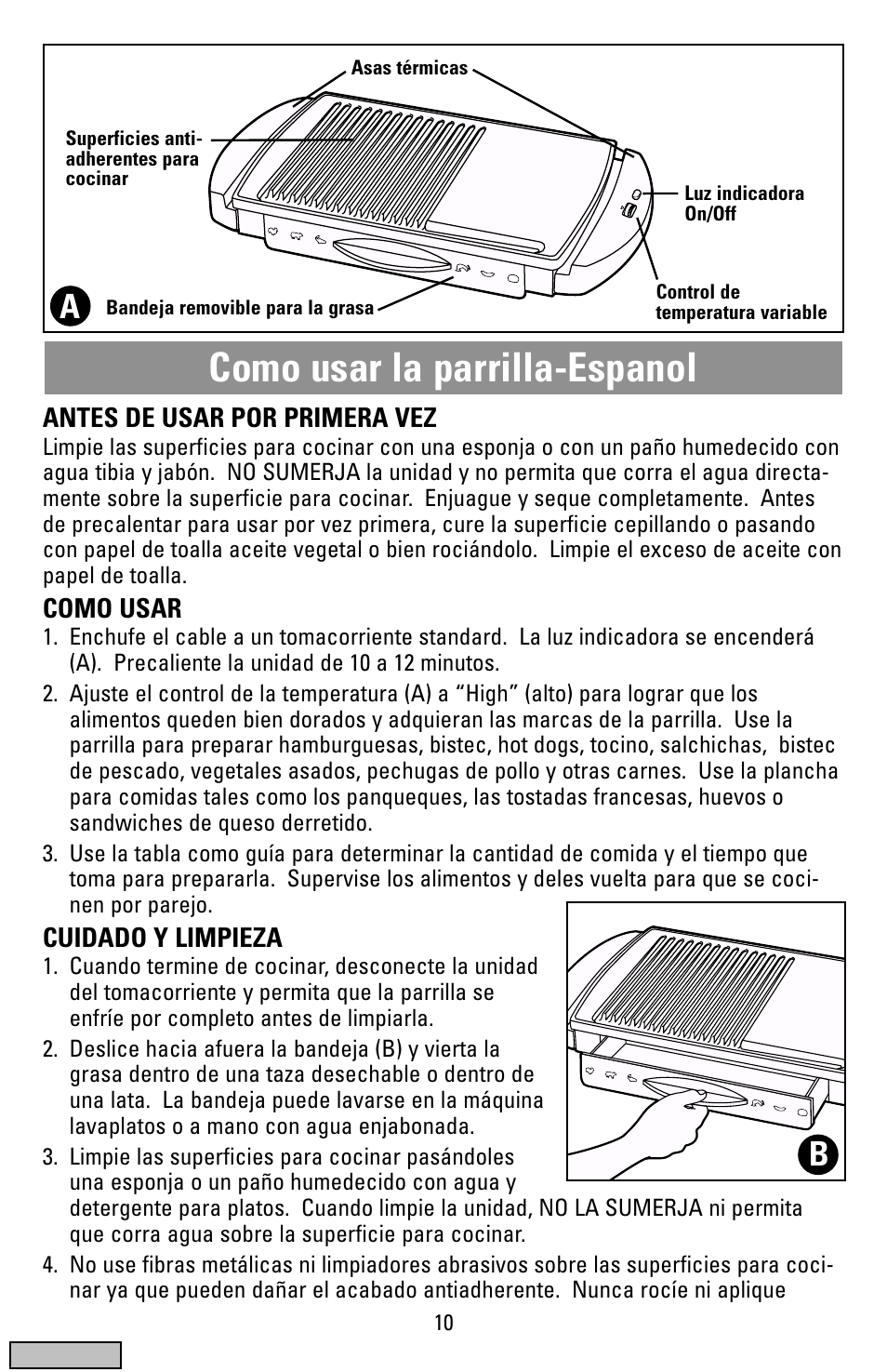 Como usar, Como usar la parrilla-espanol | Black & Decker IG100 User Manual | Page 10 / 24