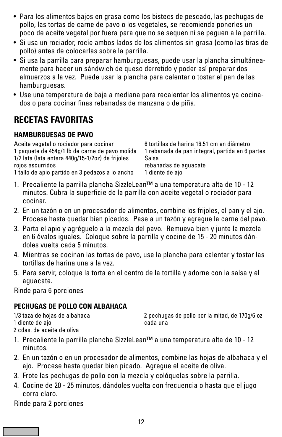 Recetas, Recetas favoritas | Black & Decker IG100 User Manual | Page 12 / 24