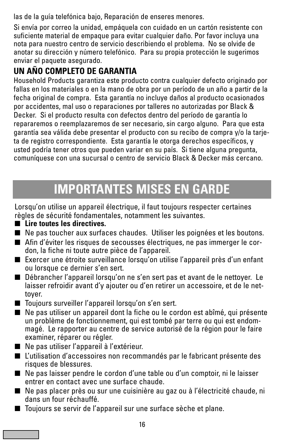 Mises en garde, Gril électrique pour le comptoir, Importantes mises en garde | Black & Decker IG100 User Manual | Page 16 / 24