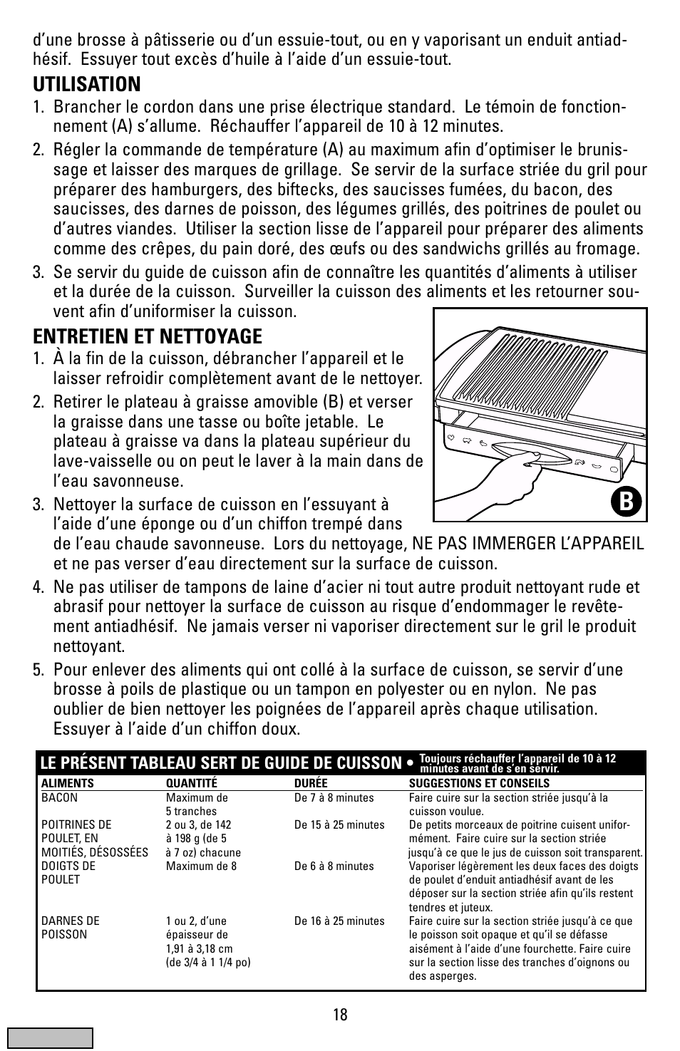 Guide de cuisson, Utilisation, Entretien et nettoyage | Le présent tableau sert de guide de cuisson | Black & Decker IG100 User Manual | Page 18 / 24