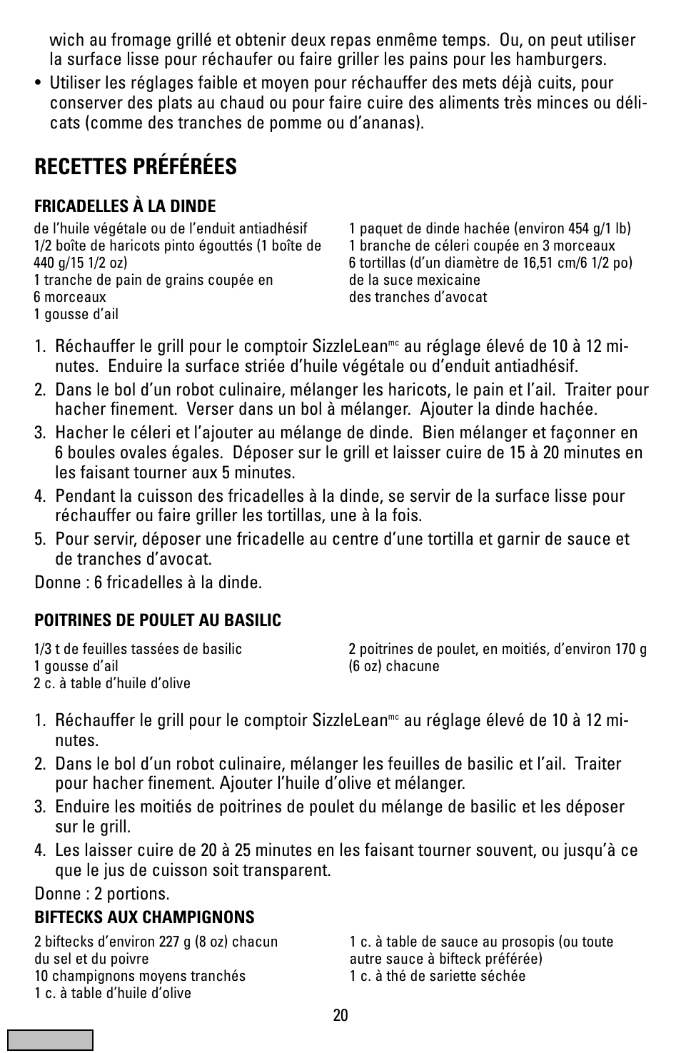 Recettes, Recettes préférées | Black & Decker IG100 User Manual | Page 20 / 24